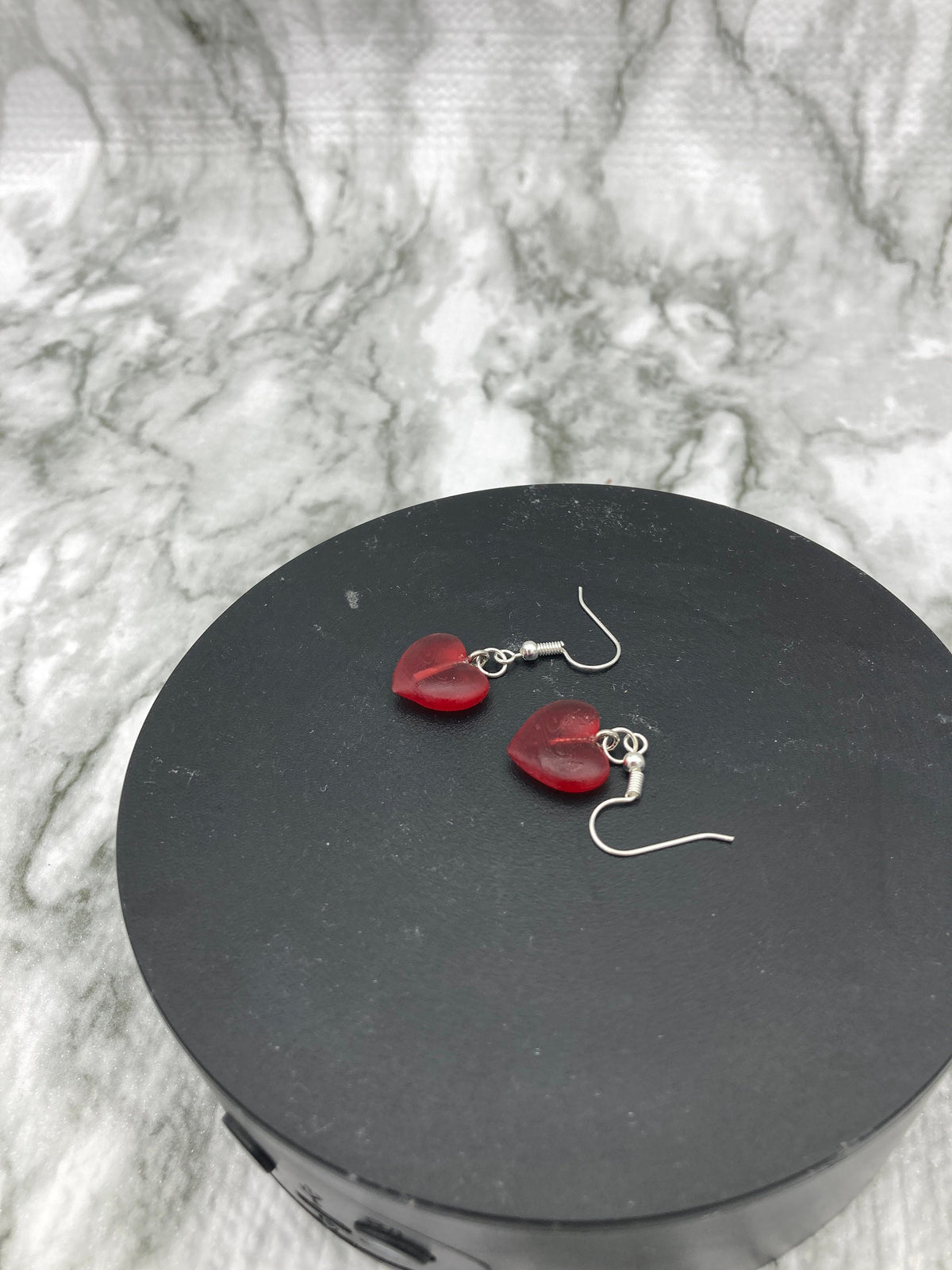 Red Heart Drop Earrings, Handmade Transparent Jewelry
