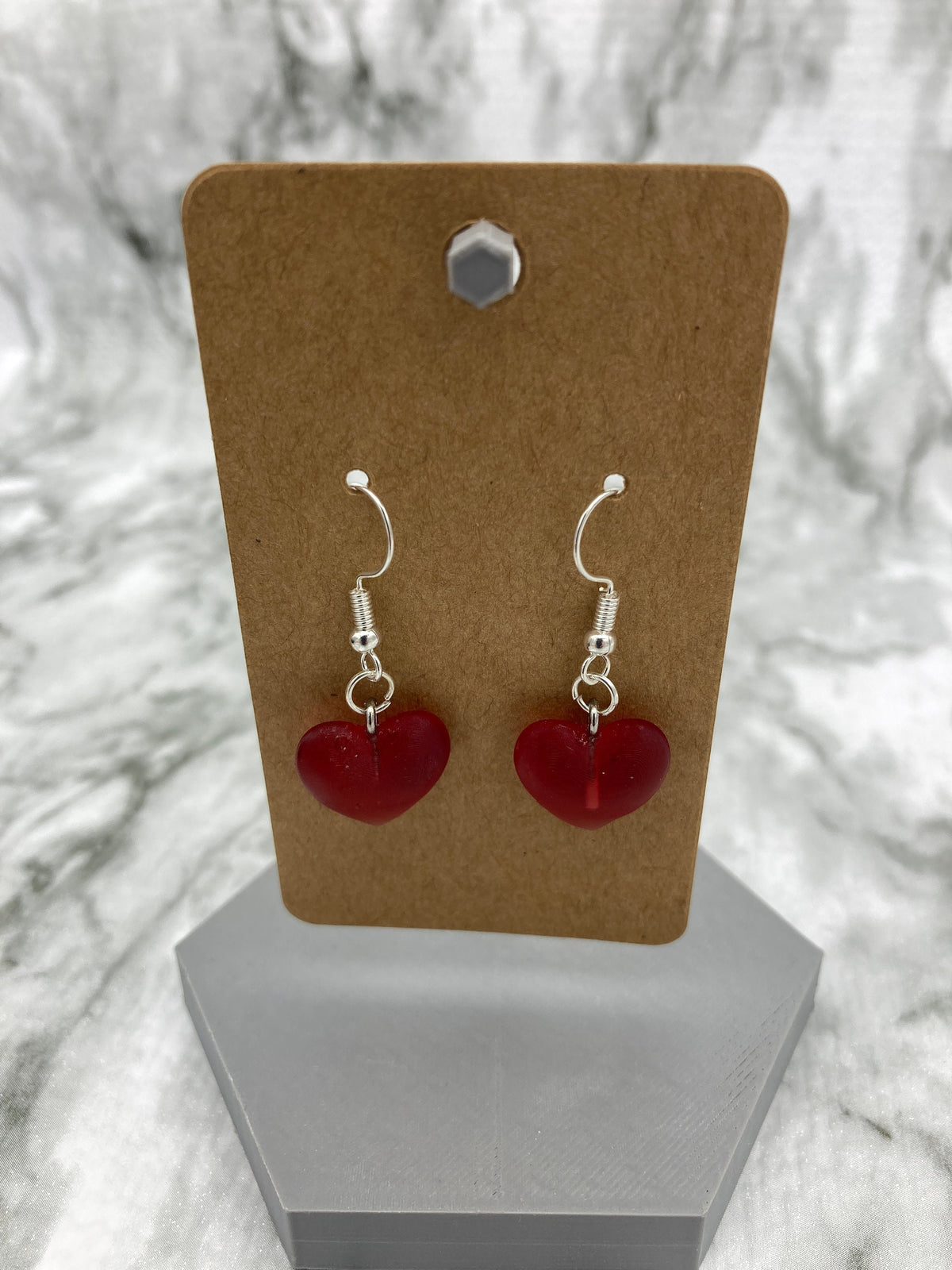 Red Heart Drop Earrings, Handmade Transparent Jewelry