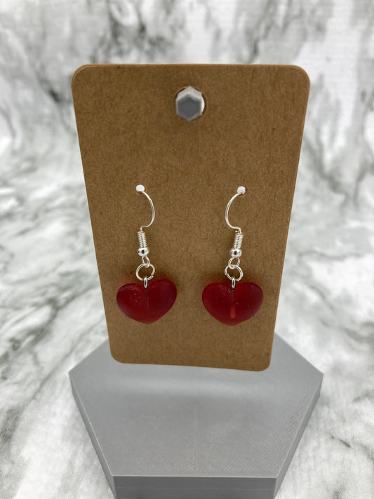 Red Heart Drop Earrings, Handmade Transparent Jewelry