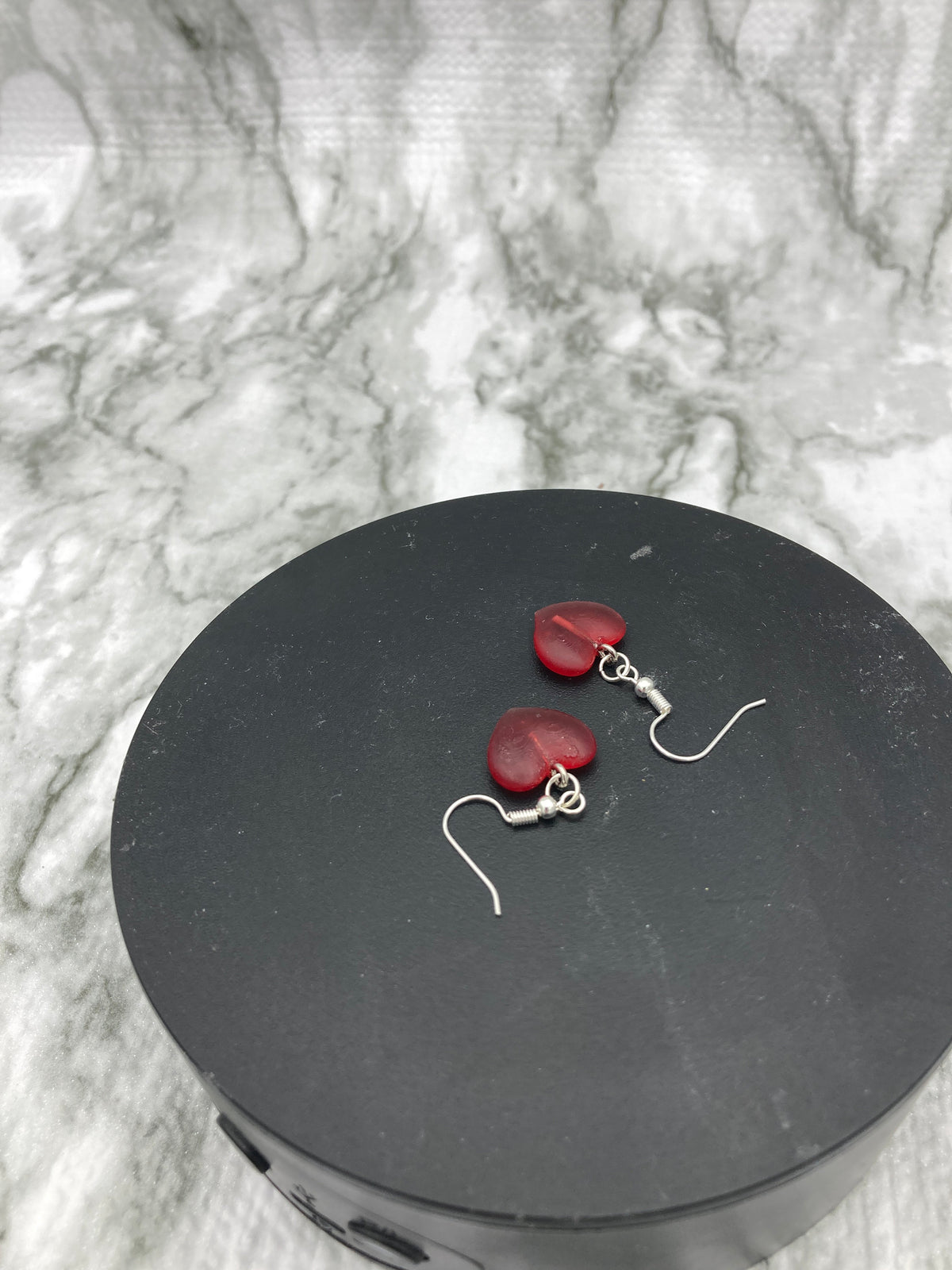 Red Heart Drop Earrings, Handmade Transparent Jewelry