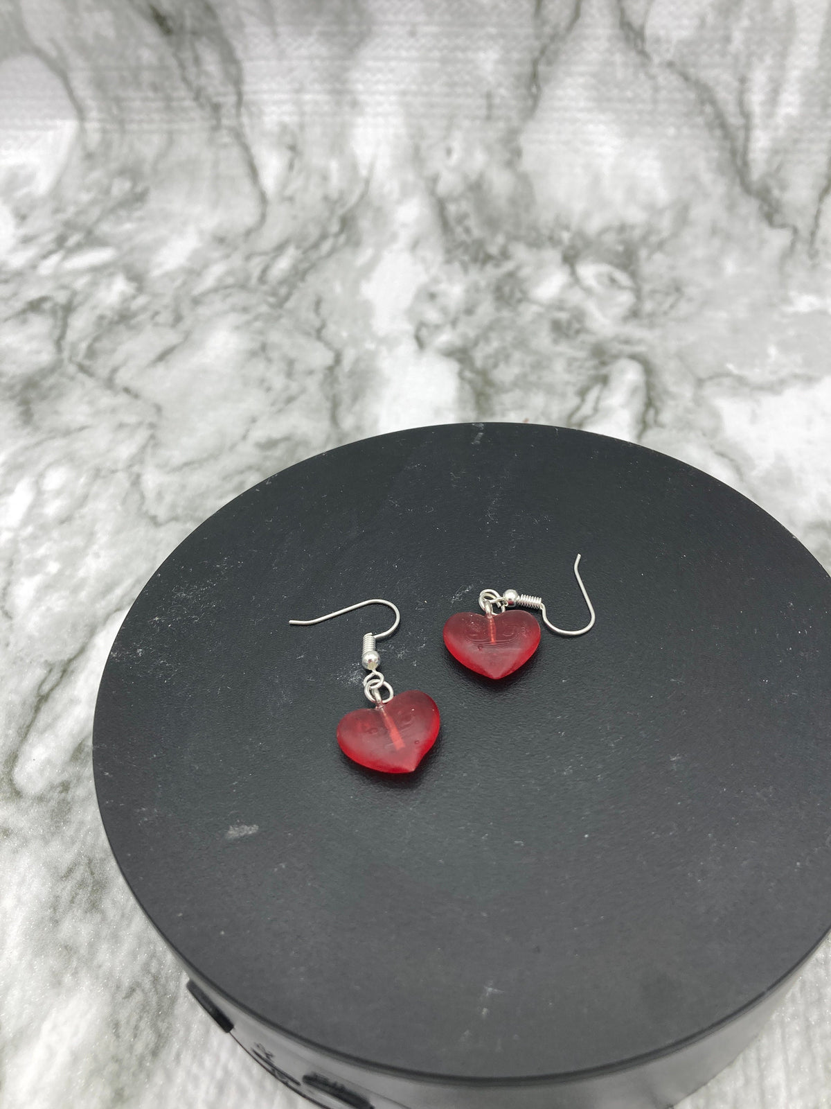 Red Heart Drop Earrings, Handmade Transparent Jewelry