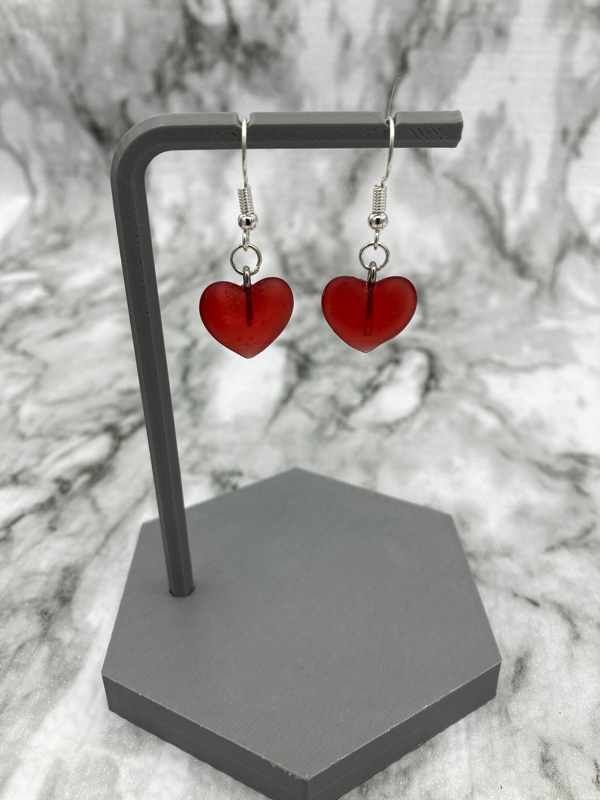 Red Heart Drop Earrings, Handmade Transparent Jewelry